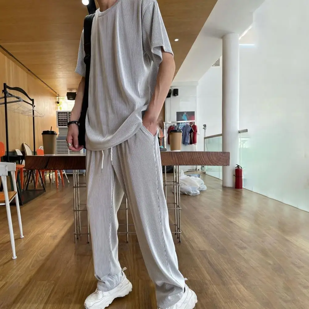 1 Set Attractive Men Outfit Ice Silk Top Pants Solid Color Crew Neck Draping Outfit  Drawstring