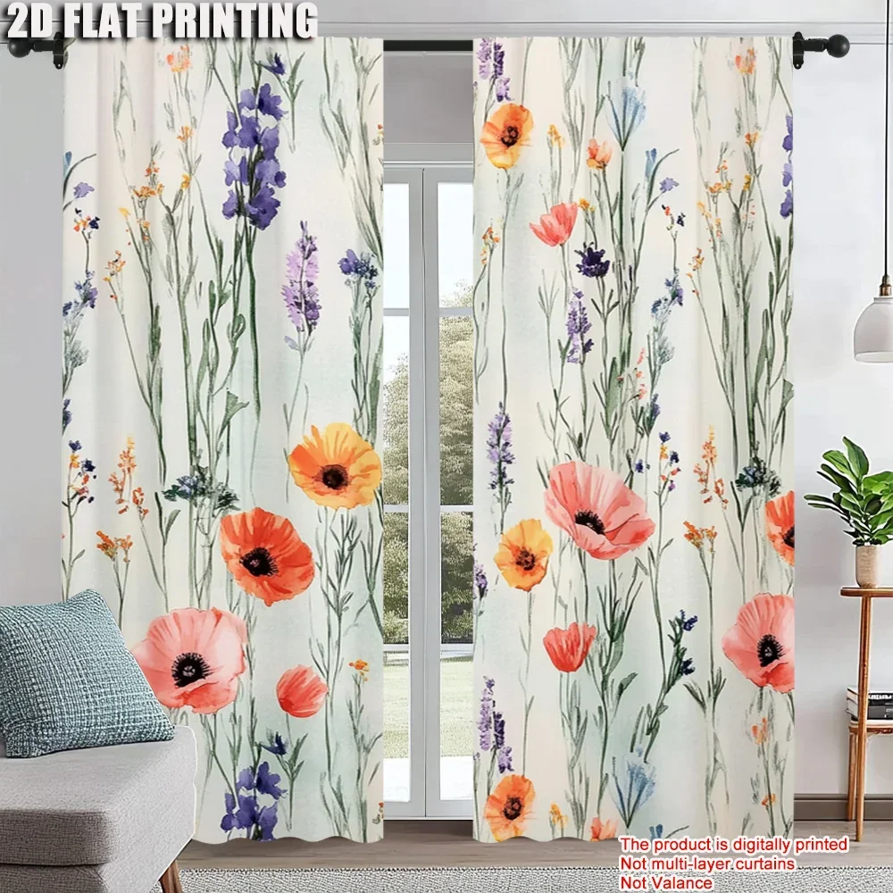 2Pcs Spring Garden Curtain Romantic Wild Flower Print Pattern Red Blue Purple Flowers Country Style Curtain Elegant Four Seasons