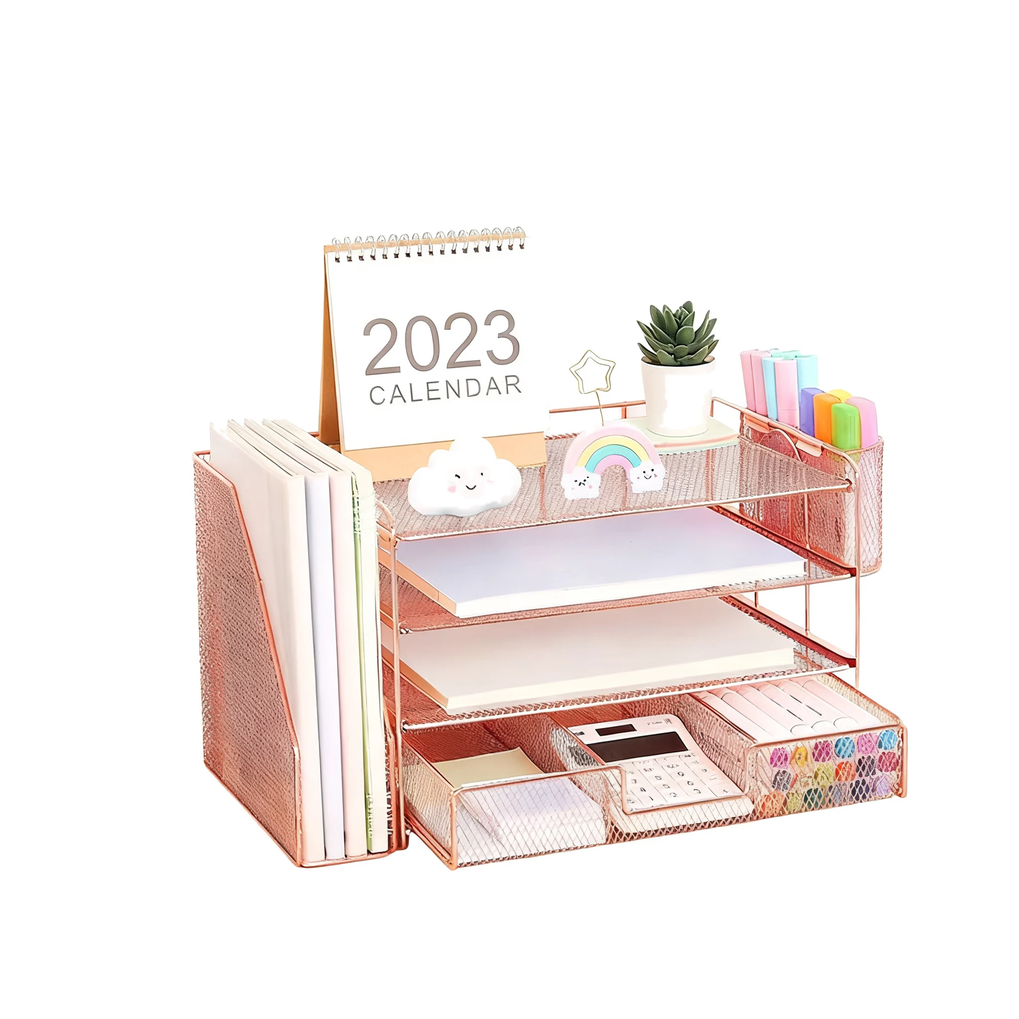 Desk File Rack Multi Layer Document Tray Sturdy Metal Construction Pull Out Drawer Iron Mesh File