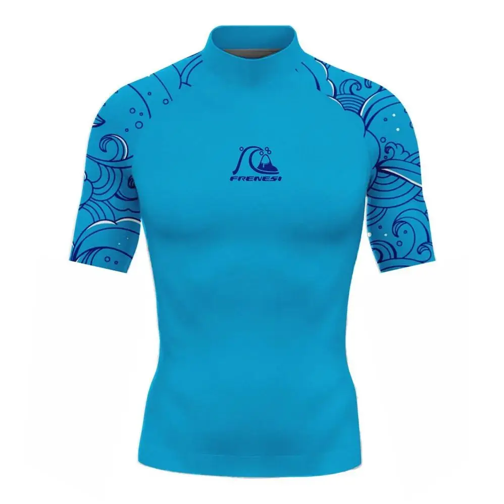 New Men\'s Rashguard Short Sleeve Surfing Shirts Sunscreen Lycra Fabric Tops Surf Sweatshirt UV Protection Frenesi Swimwear