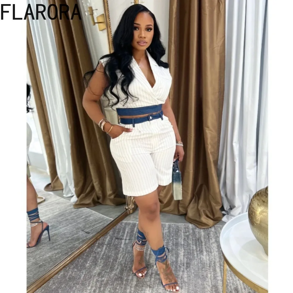 

FLARORA Fashion Stripe Patchwork 2 Pcs Sets Woman V Neck Sleeveless Crop Tank Tops And Shorts Outfits Elegant Ladies Clothing