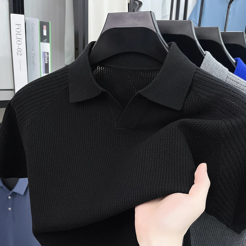 Flip Collar Seagull Collar Vintage Style Polo Shirt Men's Short Sleeved Knitted Breathable Summer Casual Versatile Top