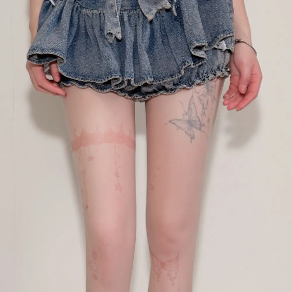 Y2K Invisible Tattoo Stockings Colorful Hand-drawn Star Jellyfish Shell Pantyhose Childishness Butterfly Silk Stockings Cosplay