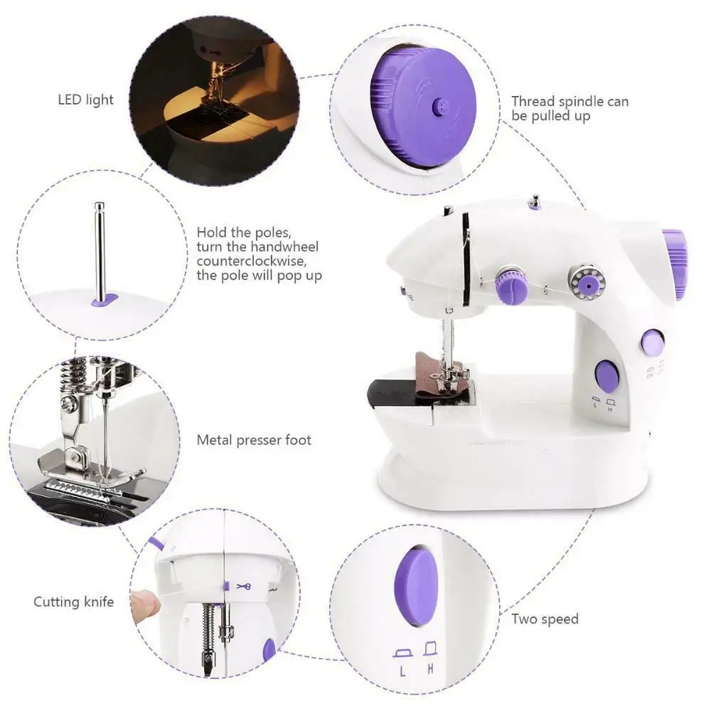 

Mini Electric Sewing Machine Portable 2-Speed Double Thread Stitch Control For Silk Denim Uk Plug Home Use With Foot Pedal