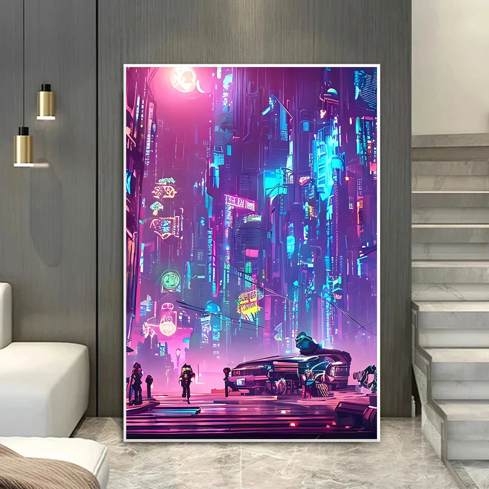 Cyberpunk City Landscape Poster Prints For Living Room Home Decor Fantastic Future World Night Scenery Canvas Painting Wall Art