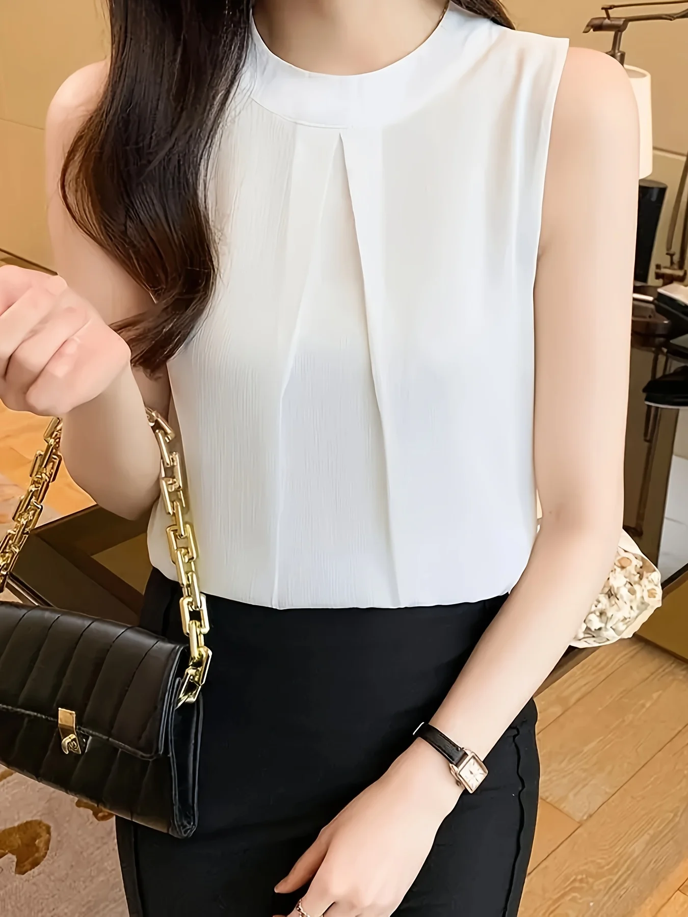 New fashion loose slimming 100 stand collar sleeveless solid color blouse