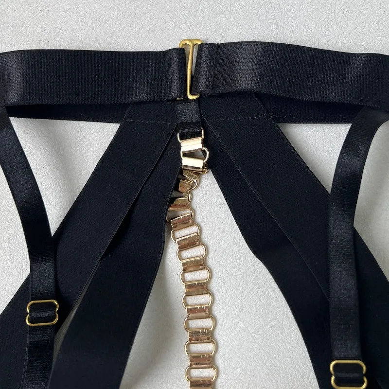 Erotic Lingerie Sexy Hot Women Seductive Bandage Halter Hollow Bra Thong 2PC Set Sissy Chain Decor Women's Clubwear Porno Suits