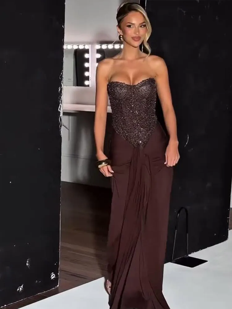 Chic Pailletten Lace Up Kleid Frauen Cinched Taille Liebsten Patchwork Plissee Ärmellose Maxi Kleider Sommer Abend Party Robe