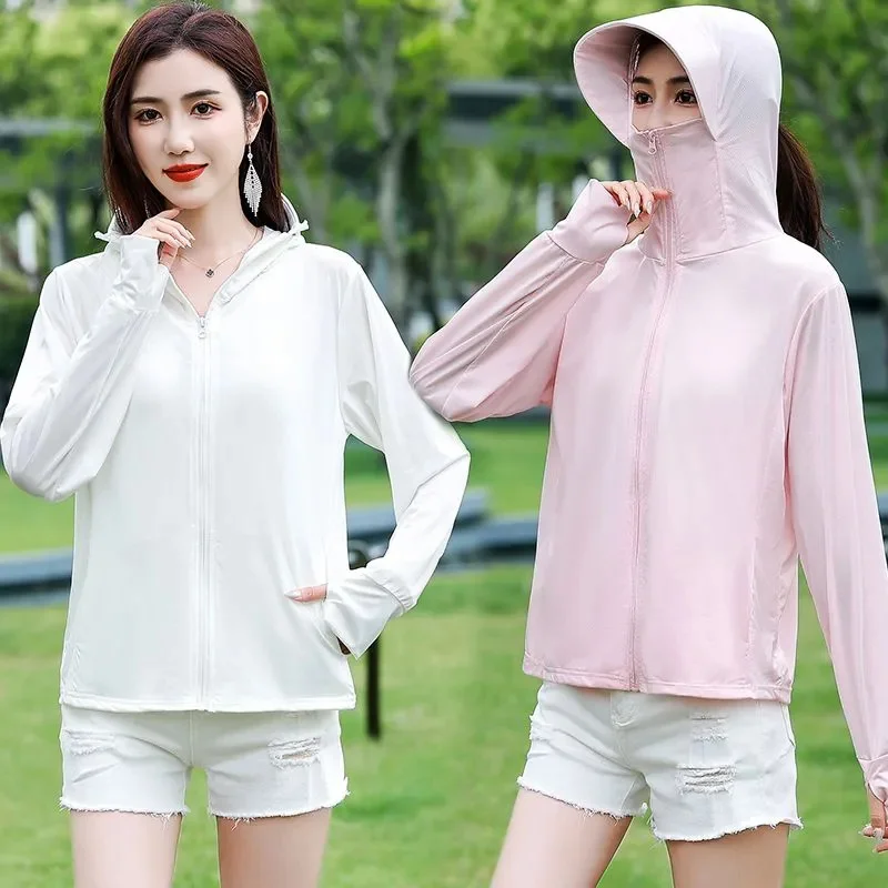 Lce Silk Sunscreen Coat Women's New Summer UV Protection Outwear Sun-Protective Clothing Jacket Ladies Thin Hooded Cardigan Tops