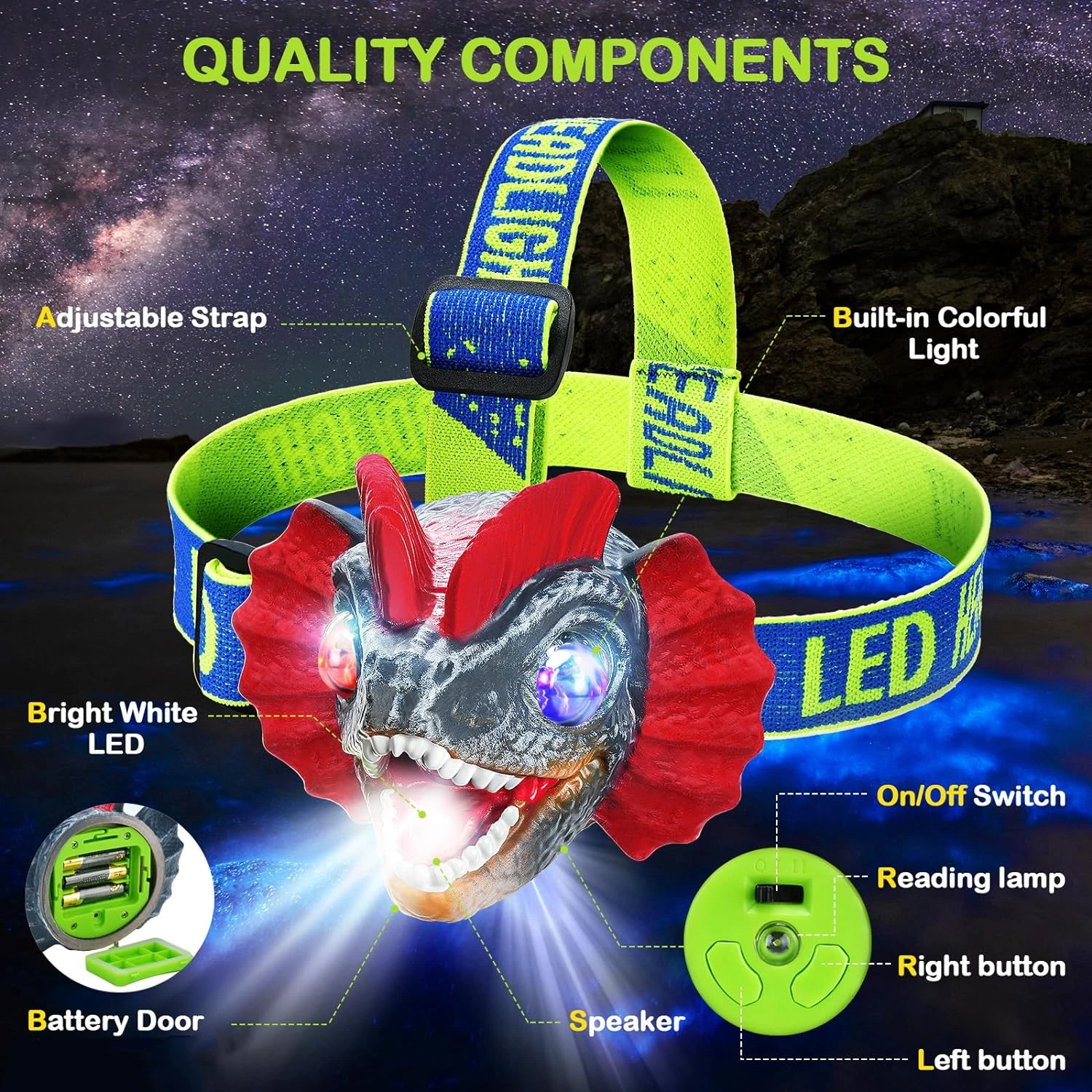 

Exciting and vibrant portable LED headlamp featuring a colorful T-Rex dinosaur design, perfect for kids - Fun and bright flashli