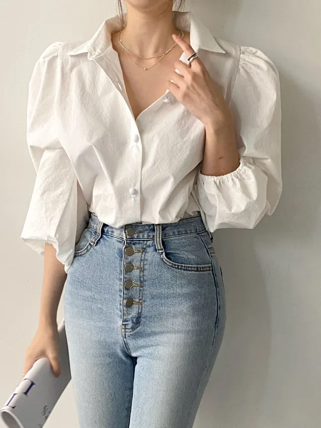 

Faionable Bubble Sve irt Women's Early Autumn Versatile White French Sle Loose Fit Nine Points Sve Age-Defng