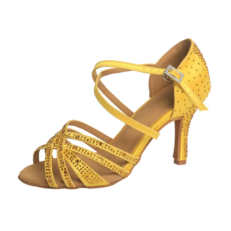 

Wedopus Customized Women's Satin Yellow Latin Dance Shoes Suede Sole Diamante Dancing Sandals High Heels 8.3CM