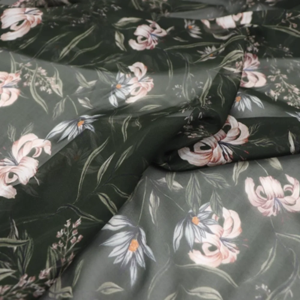 مسود الأخضر الوردي زهرة الزنبق المطبوعة لينة 100% نسيج الشيفون الحريري للفتيات النساء رحلة تنفس الملابس فستان وشاح