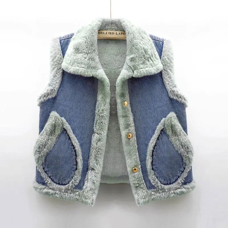 

2024 Women's Fleece Padded Denim Vest Autumn and Winter New Fashionable Warm Vest