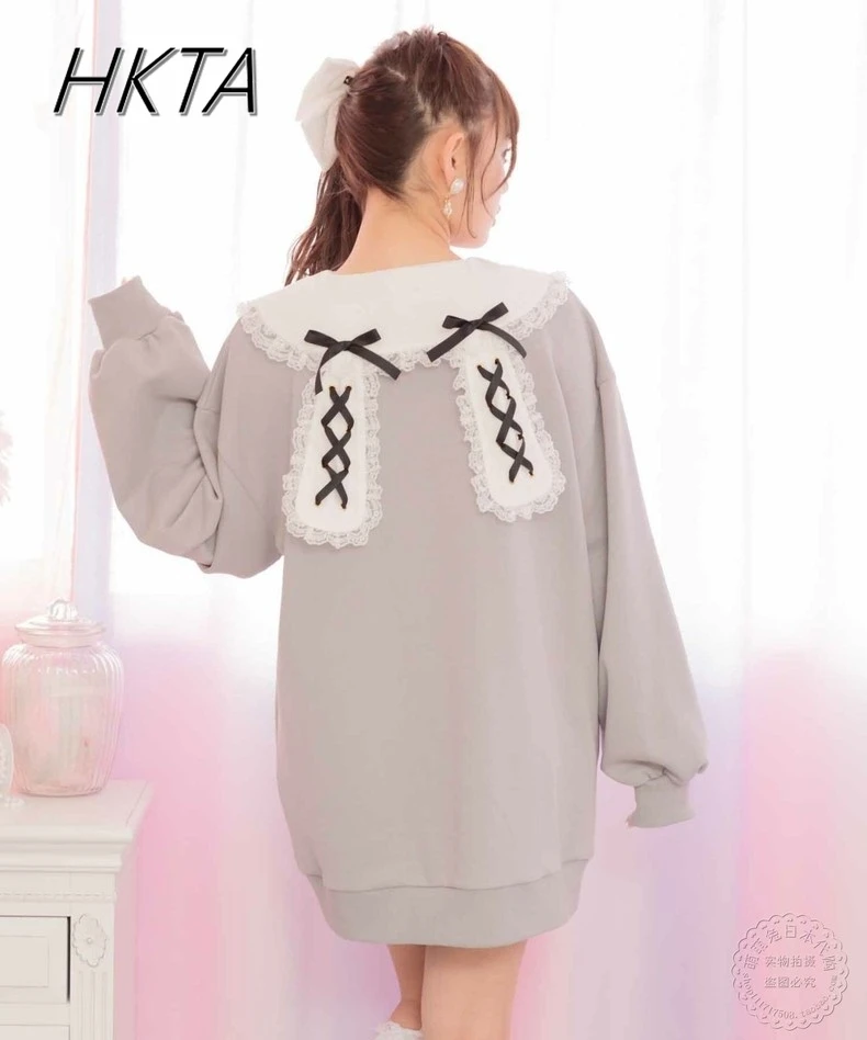 Rojita Coat Japanese Style Mass-Produced Lace Collar Rabbit Ears Bow Loose Hoodei Dresses Sweet Long Sleeve Sweatshirt Dress