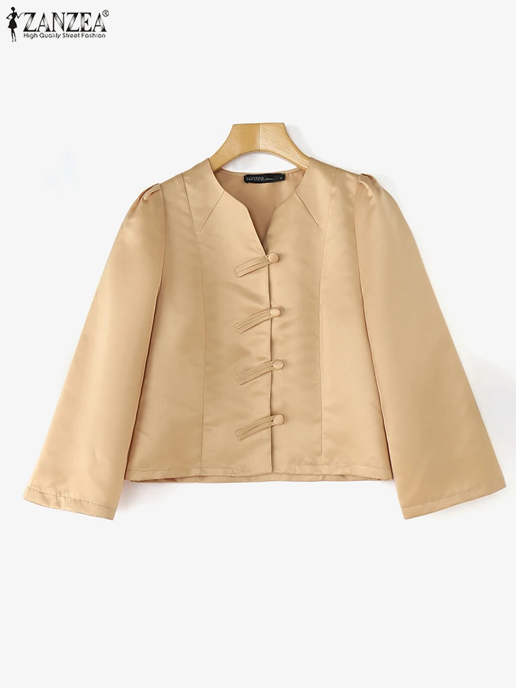 2025 Spring Shirts Women Vintage Chinese Style Tops ZANZEA Fashion Three Quarter Sleeve Tunic Casual V-Neck Buttons Blusas