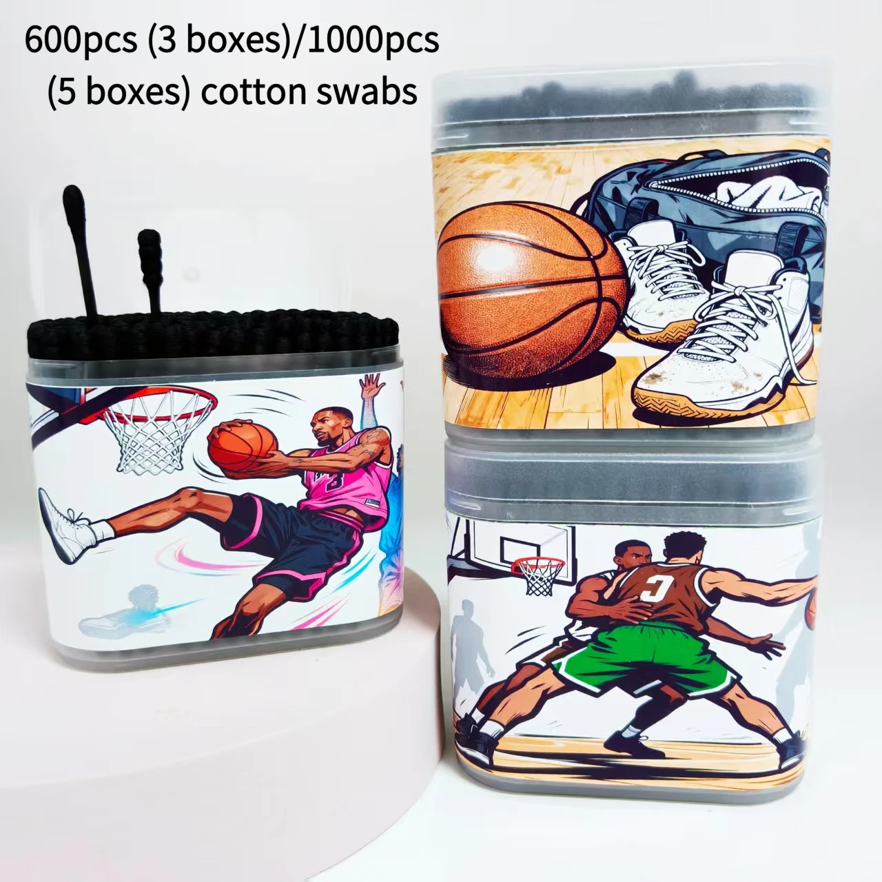 600 قطعة/1000 قطعة من أعواد القطن ذات موضوع كرة السلة باللون الأسود برأسين للضروريات اليومية أعواد قطنية