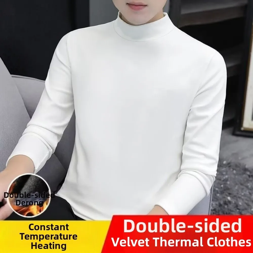 Round Neck Men Velvet Thermal Clothes Feel Heating Double-sided Thermal Underwear Long Sleeved Velvet Fleece Warmth Long Tops