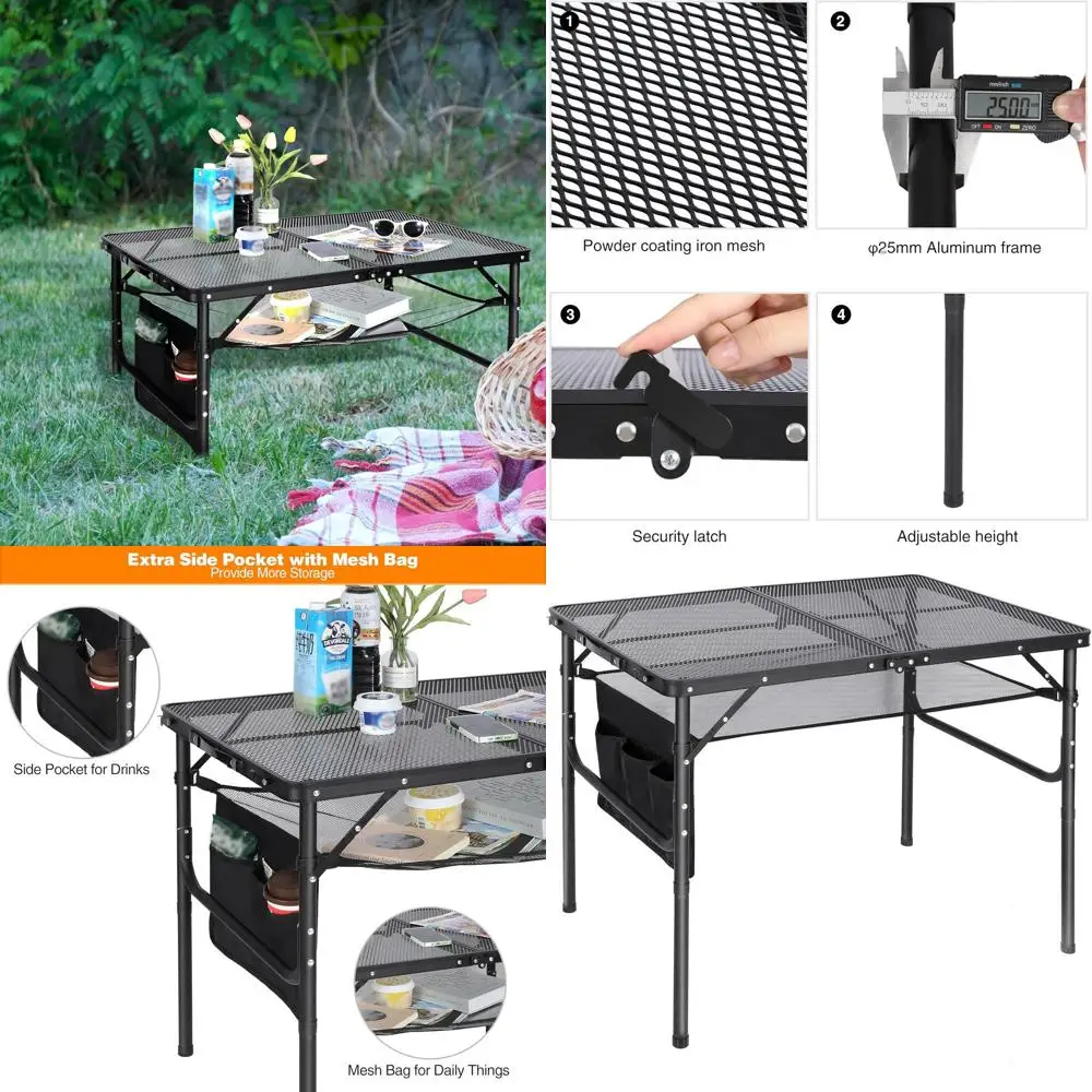 

Portable Metal Outdoor Grill Table with Adjustable Height, Ideal for Camping, Picnics, and BBQs