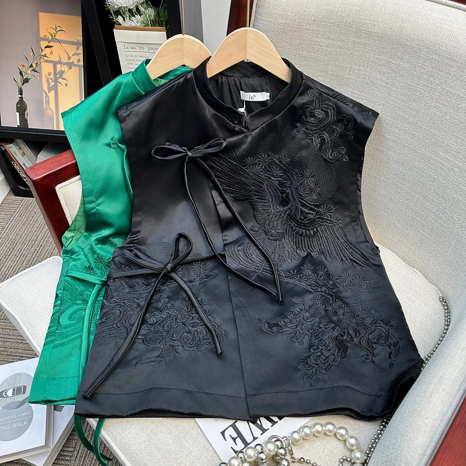 

Floral Embroidery Satin Silk Vest Women Sleeveless Embroidered Lace Up Tops Chinese Style Ethnic Vintage Tang Vest
