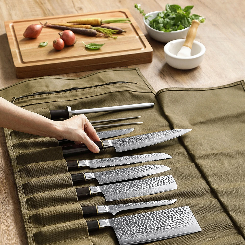 Borsa portaoggetti per coltelli HEZHEN coltello organizzare tela cerata olio Crazy Horse Lather accessori da cucina coltello Chef Knife Roll Bag