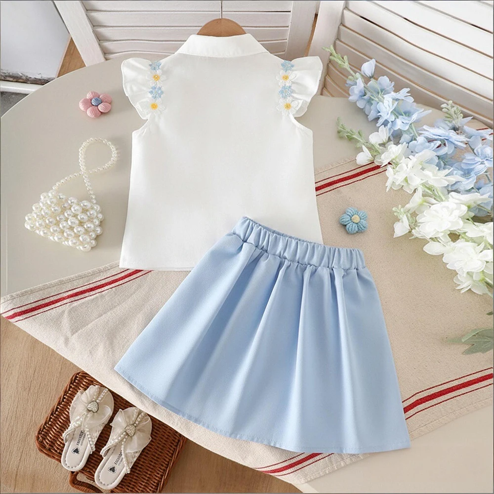 Girls' summer two-piece casual set: three-dimensional lace small flying sleeve shirt top + color-block skirt