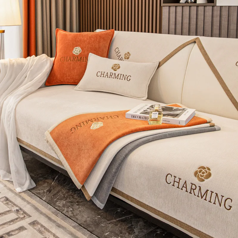 New Fashion Luxury Solid Color Chenille Sofa Towel Universal Anti-slip Sofa Covers for Living Room Embroidered Couch Covers