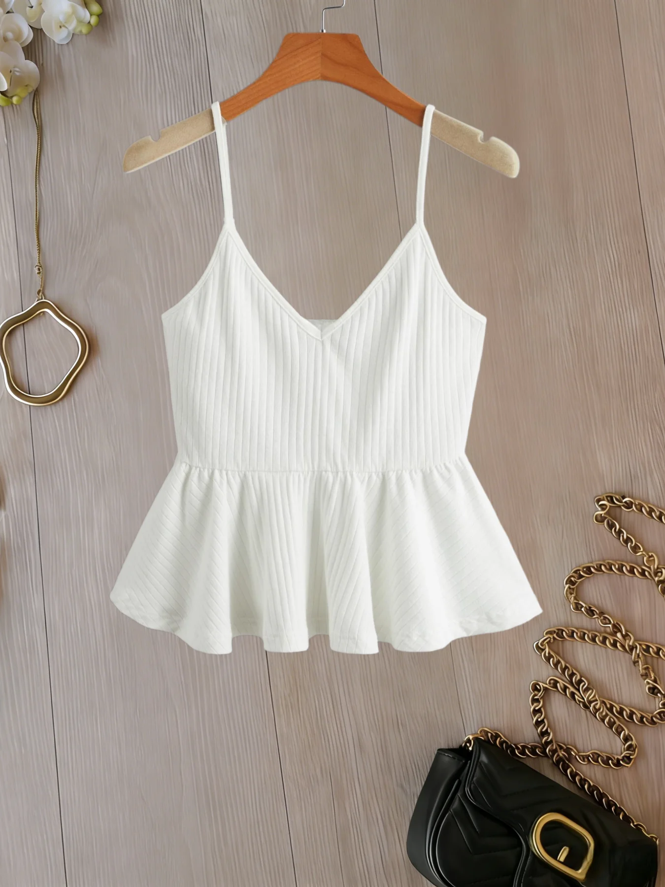 Women V Neck Spaghetti Strap Ribbed Peplum Crop Top Casual Sleeveless Flare Hem Tank Top