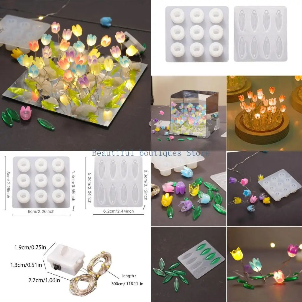 

U4LF Tulips Night Light Silicone Mold Set Flower and Leaf Shaped Lamps Crafting Mould Nightlight Epoxy Mould Jewelry Supplies