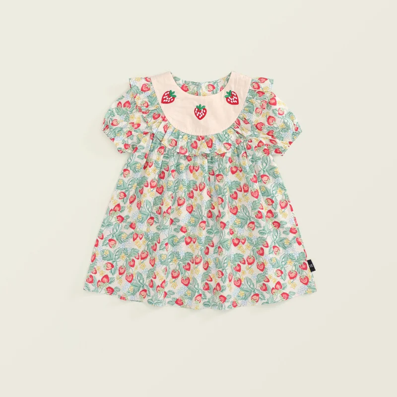 

Strawberry Embroidered Ruffled Girls Dress Summer New Fruit Print Children's Short Sleeve Doll