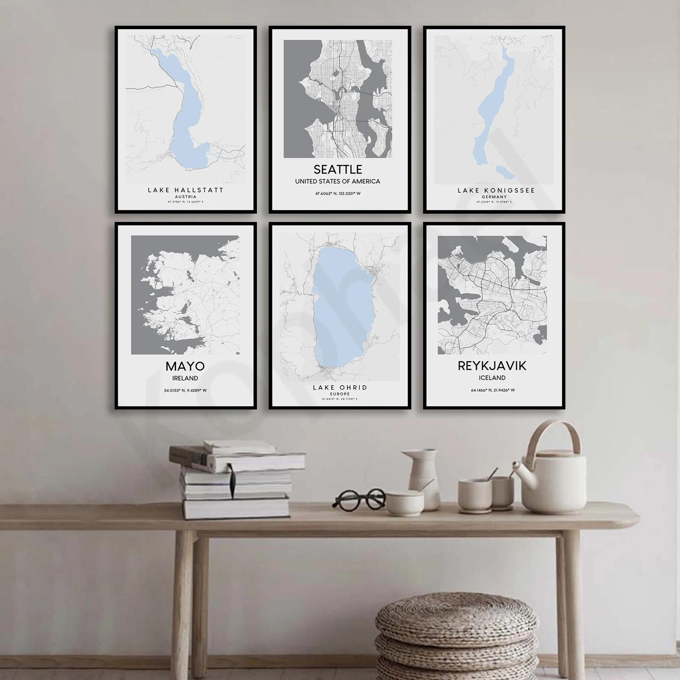 Manchester Denver Oxford Zagreb Reykjavik Ohrid Tenerife County Mayo Seattle San Antonio Kings Lake Hallstatt. City Map Poster