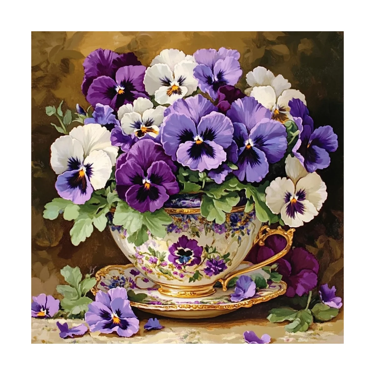 1 Stück 40x40 cm/15,74 Zoll, 11Ct/14Ct Kreuzstich-Set, DIY Valentinstagsgeschenk, Stickerei-Set für Festlichkeiten, Stiefmütterchen-Teetasse – Detail 3