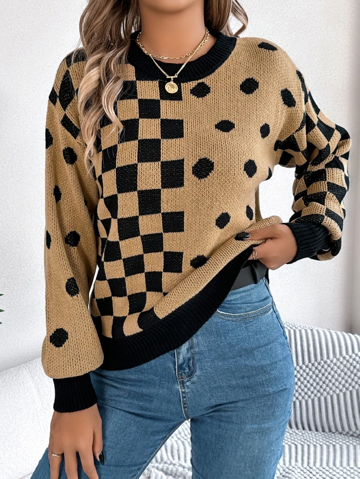 

Sweater Hoodie 2024 Casual Comparison Checkered Lantern Sleeve Casual Women's Hot Selling Round Neck Long Sleeve