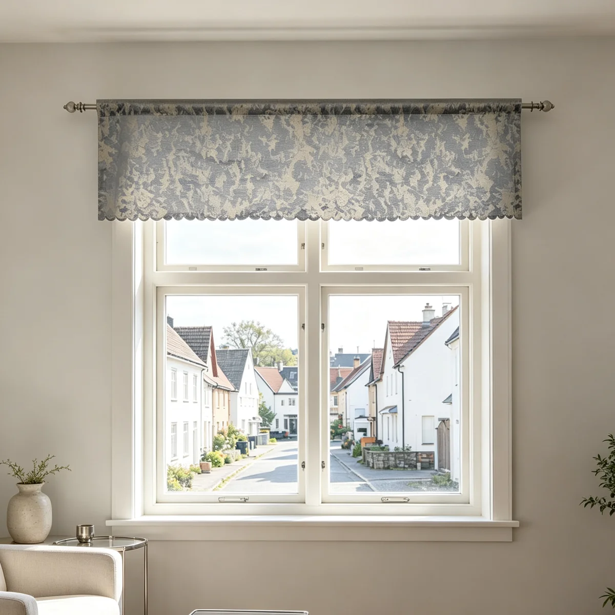 Grey Gold Foil Print Velvet Straight Valance, Vintage Farmhouse Scalloped Window Header for Living Bedroom Decor