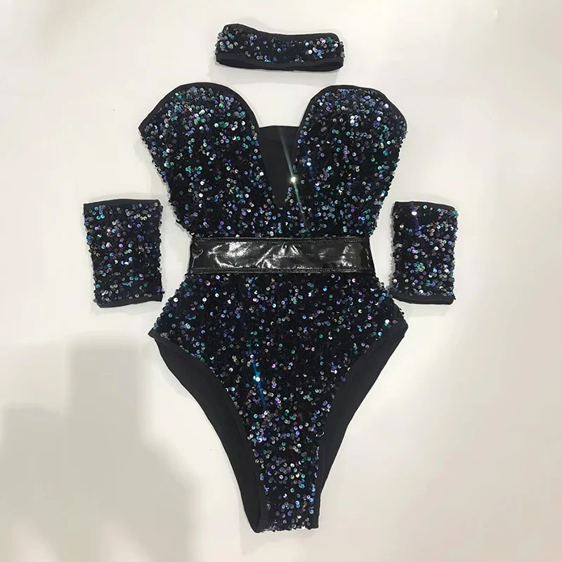 

Sequins Bodysuit Bar Jazz Pole Dancing Costume For Women Rave Outfit Nightclub Bar Dj Singer Dancer Stage Show Dancewear VDB3769