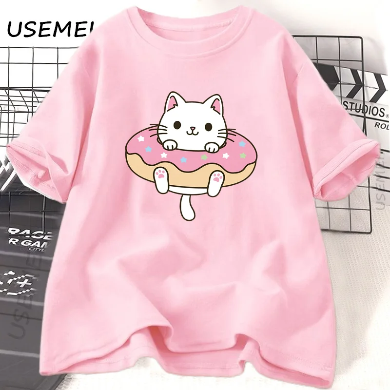 Grappige Donut Kat Grafische T-shirts Vrouwen Schattig Meisje T-shirt Casual Korte Mouw Katoenen T-shirt Mode Vrouwen Ademende Kleding