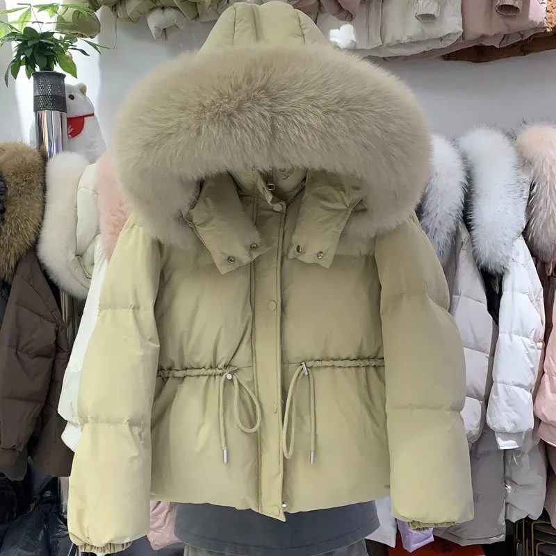 Inverno puffer jaqueta feminina grande pele de guaxinim natural 90% pato para baixo casaco feminino grosso quente faixa amarrar parkas à prova dwaterproof água