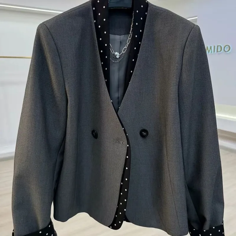 

Trend Women's Polka-Dot Patchwork Two-Piece Suit New Short Jacket Black Blazers Cropped Blazer Long-Sleeve Tops Coats