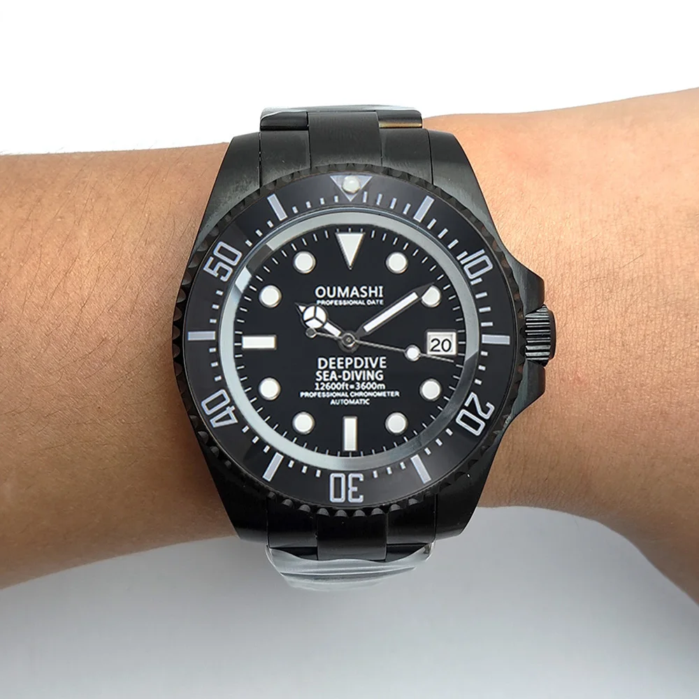 44mm NH35 시계 블랙 스테인리스 스틸 손목시계 사파이어 글라스 방수 남성용 시계 NH35 무브먼트 오토매틱 시계 DIY 로고