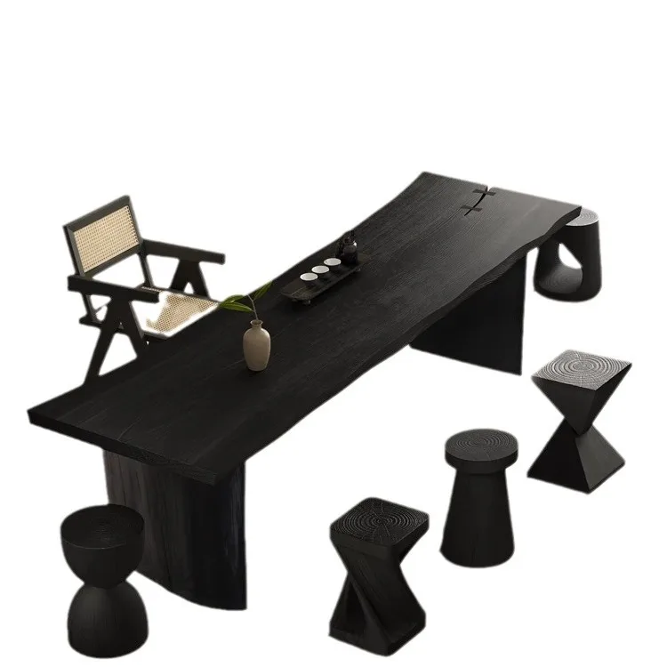 طاولة شاي داكنة وكرسي مجموعة سجل خشب متين لوح كبير طاولة شاي غرفة المعيشة شرفة طاولة شاي وابي سابي القرون الوسطى