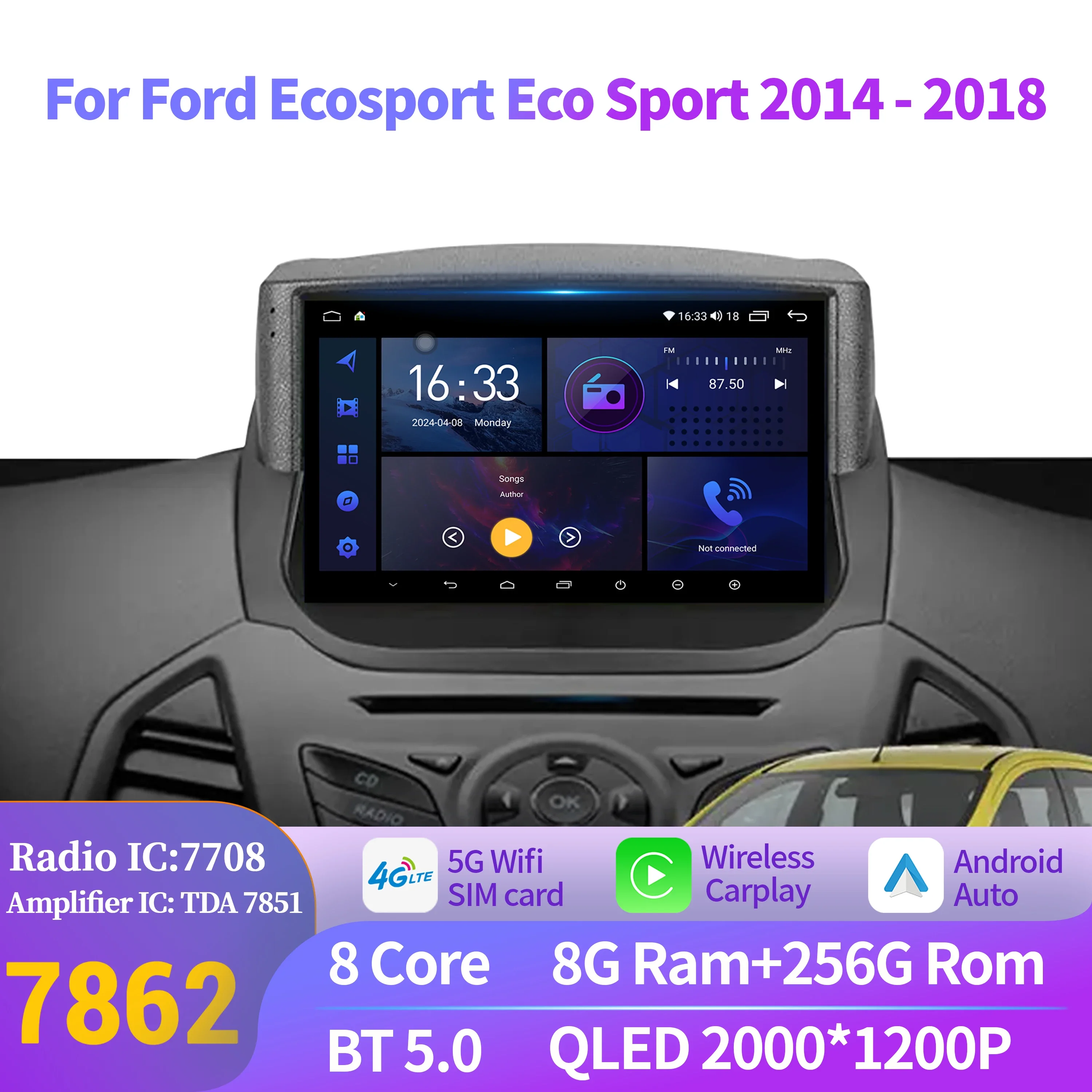 Pour Ford Ecosport Eco Sport 2014-2018 autoradio sans fil Carplay Android 14 lecteur Navigation GPS Auto Radio tête 2K QLED écran
