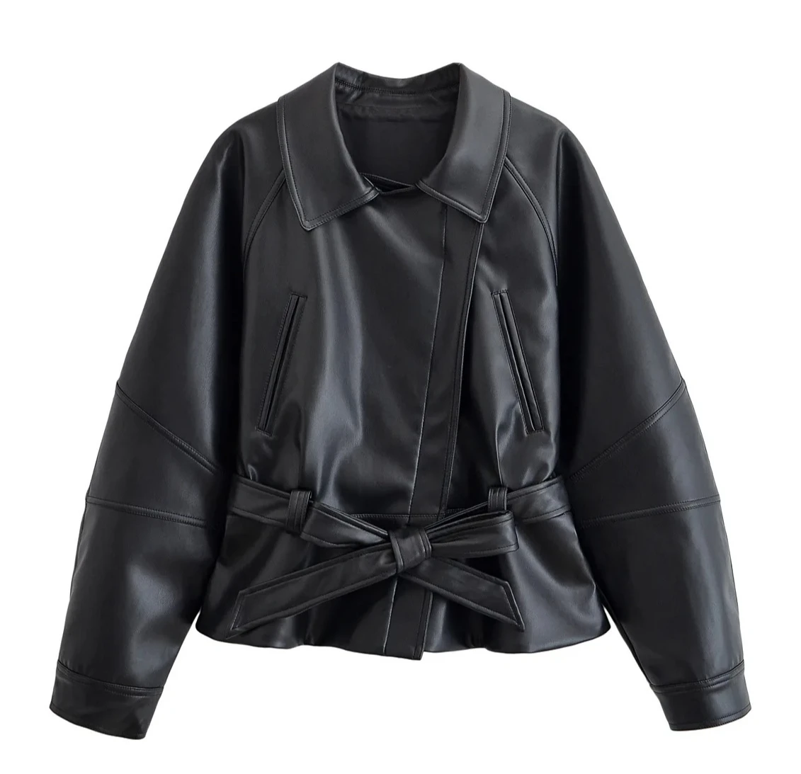 

Women's Fashionable Versatile Casual Autumn New Style Street Trend Polyester Outerwear Coat Black Short Leather Jacket