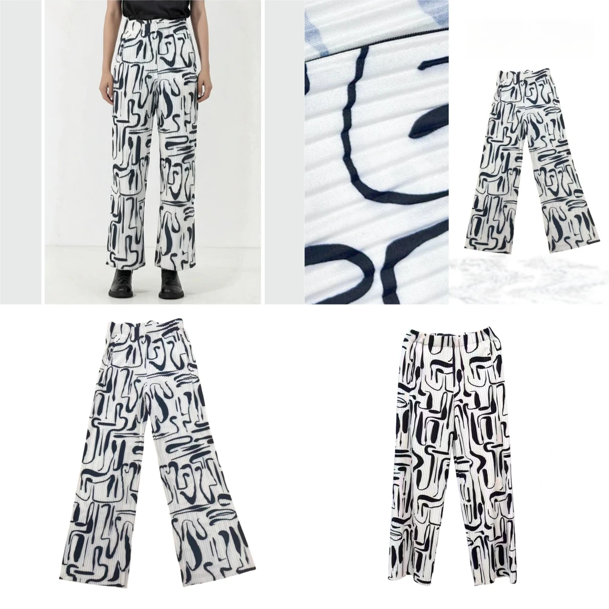 

Miyake Pleated Printed Striped Straight Leg Pants Women Loose Casual Hundred Design Thickened Pleated High Waist Draped Pants