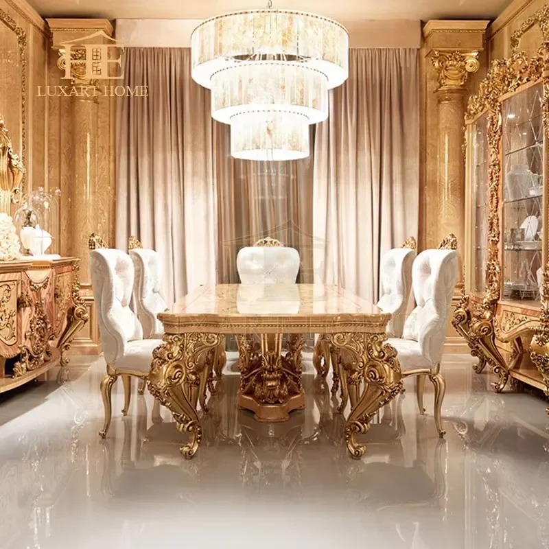 Light French Rococo Style Carved Wood Dining Table Chair Exquisite Handcrafted Shell Parquet Dining Furniture