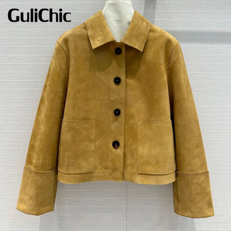 9.4 GuliChic 하이 퀄리티 정품 가죽 코트, 심플한 기질, 어부 소매 라펠 스웨이드 재킷, 2024 가을 신상