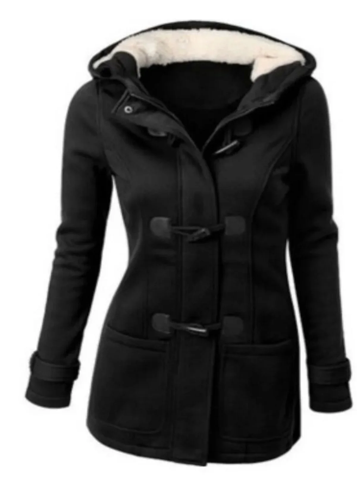 

Simple Hooded Color Women's Jaet Street Sle Zipper Closure Long Sve Fce Lined Slim Fit Mid-Length Coat
