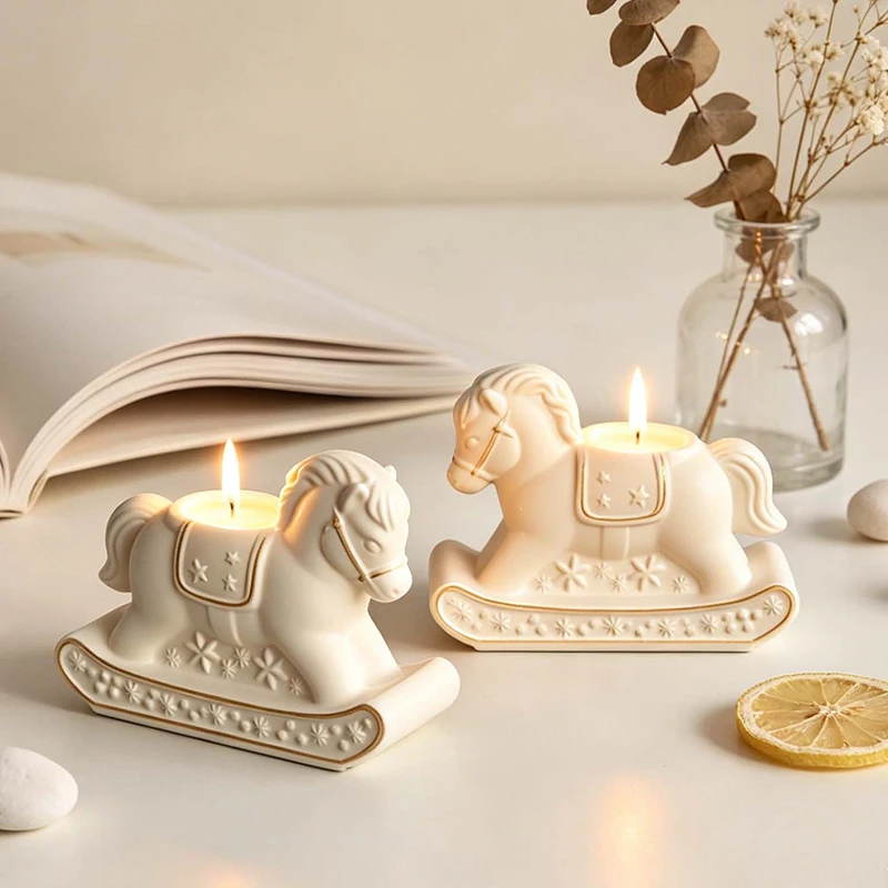 3D Rocking Horse Candlestick Silicone Mold DIY Handmade Concrete Gypsum Making Aromatherapy Candle Cup Aroma Stone Molds