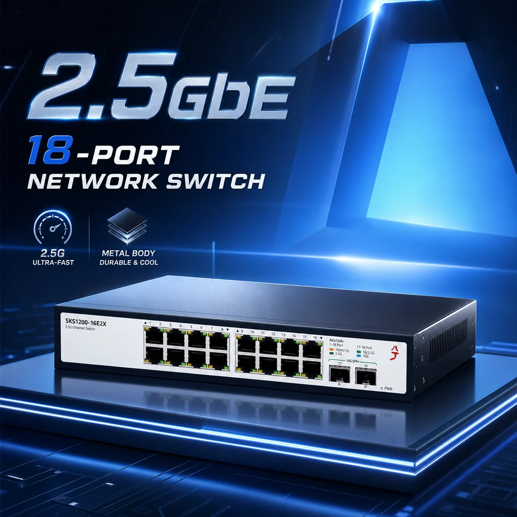 XikeStor SKS1200-16E2X 18-Port 2.5G & 10G Unmanaged Switch – 16 x 2.5GbE RJ45 + 2 x 10G SFP+ Uplink, Metal Housing, Silent Fanle