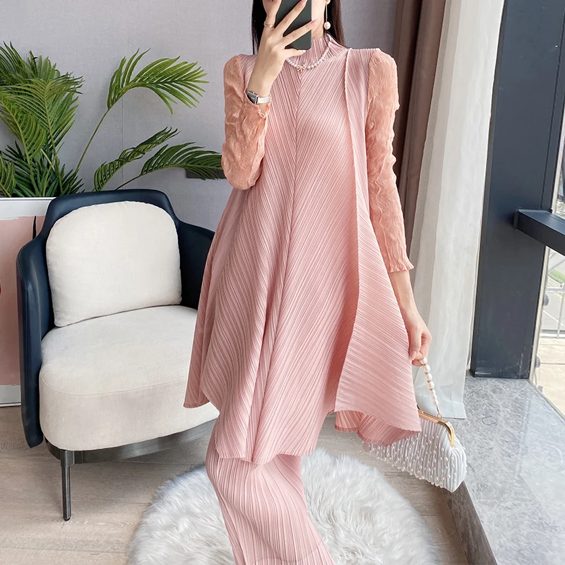 Miyake Pleated Two Piece Set Fall 2023 Winter New Loose Casual Suit French Lace Fashion Long Dress Top Pencil Pant Women Clothes