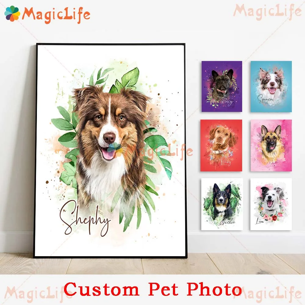 Custom Animals Leaf Plant Dog Cat Pets Photo Name Poster Wall Art Canvas Painting Wall Pictures For Living Room Decor Unframed